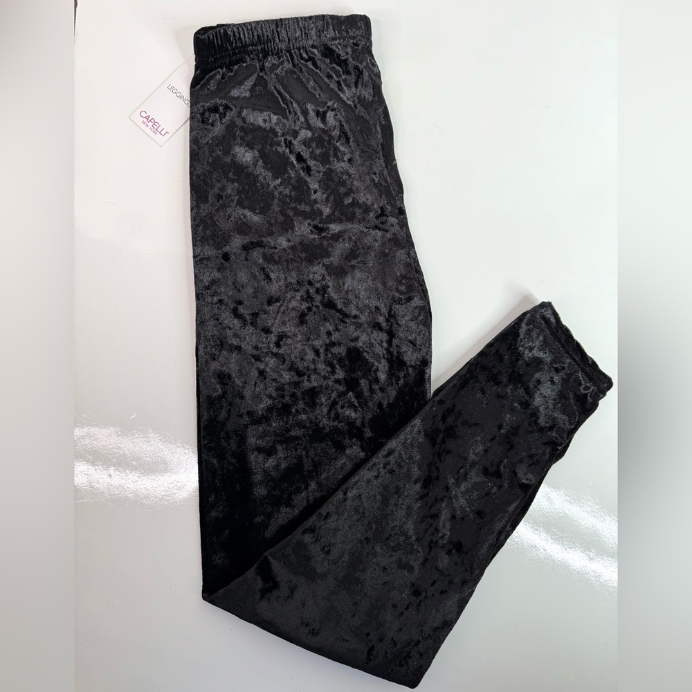 CAPELLI Black Crushed Velvet Leggings Elastic Waist Girls Size L NEW WITH TAG